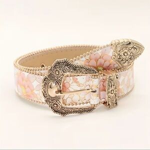 Floral Embossed Western Buckle Belt - Pink Gold